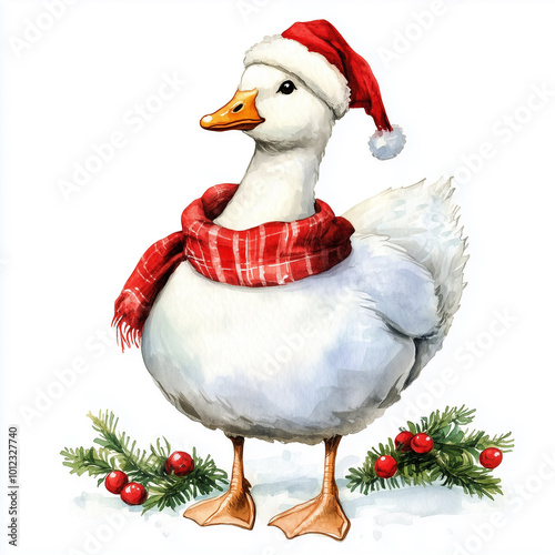santa claus with christmas decoration, Christmas goose, watercolor style