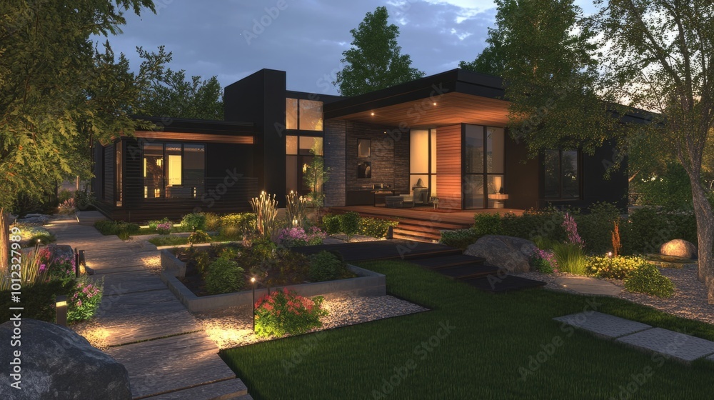 Modern home with geometric design, landscaped yard, and outdoor lighting generative ai Modern home with geometric design, landscaped yard, and outdoor lighting generative ai