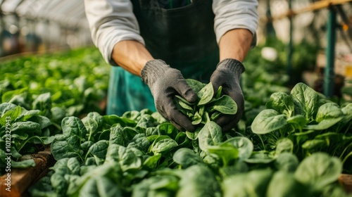 Farmer's Hands Examining Fresh Spinach Plants in a Greenhouse