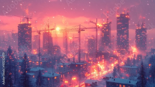 A futuristic city skyline with skyscrapers under construction in the snow, glowing with warm light during a beautiful sunset.