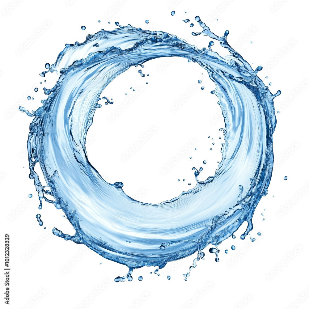 Blue water swirl splash with bubbles isolated on transparent background (png image), water flowing in form of wave in circle shape