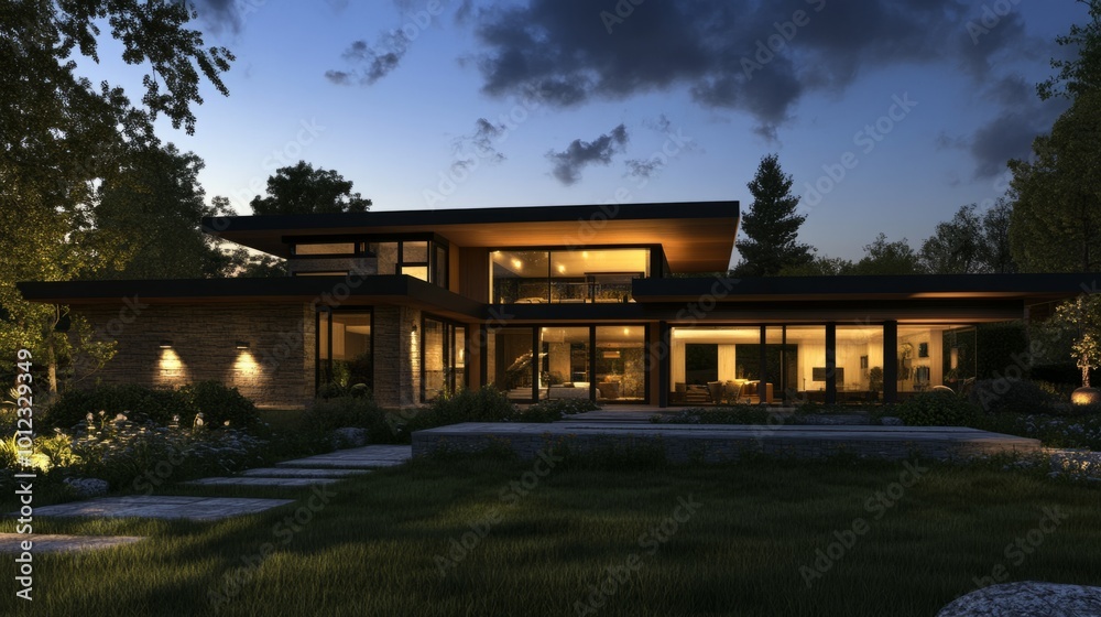 Modern house with flat roof and spacious front yard, illuminated at night. generative ai Modern house with flat roof and spacious front yard, illuminated at night. generative ai