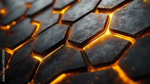 Abstract honeycomb pattern with glowing orange light.