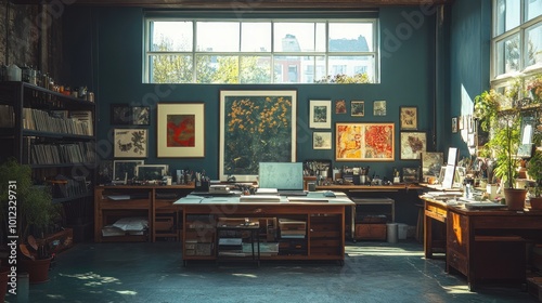 A spacious studio workspace with a large window, wooden desks, shelves, and artwork on the walls.