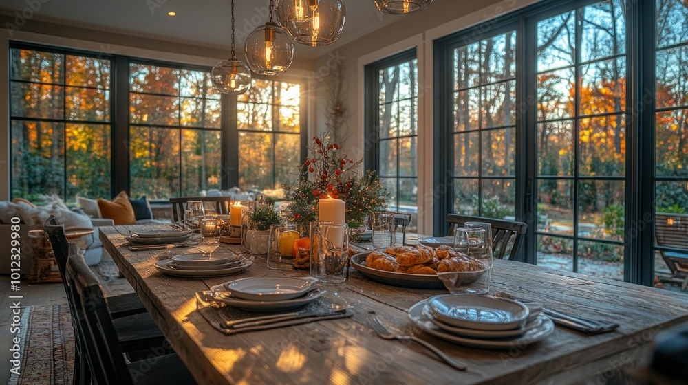 A dining table set for a meal with plates, silverware, and candles, with a large window looking out onto an autumn scene. A dining table set for a meal with plates, silverware, and candles, with a large window looking out onto an autumn scene.