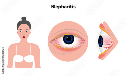 Blepharitis eye disease. Ophthalmology Inflamed sick human eye