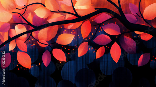 Vibrant red and orange leaves against a dark blue background.