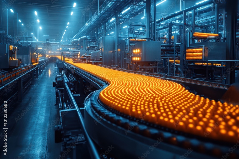 A conveyor belt with a line of glowing orange glass bottles in a factory. A conveyor belt with a line of glowing orange glass bottles in a factory.