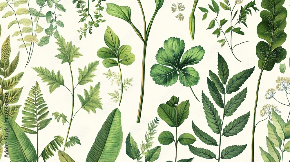Fototapeta premium Diverse Green Leaves Illustration on Light Background