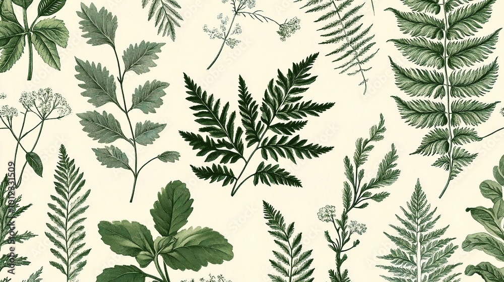 Botanical Illustrations of Various Green Ferns and Leaves