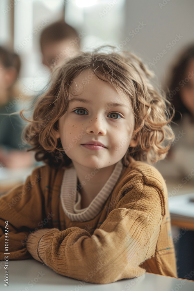 A young girl with curly hair is sitting at a desk in a classroom A young girl with curly hair is sitting at a desk in a classroom