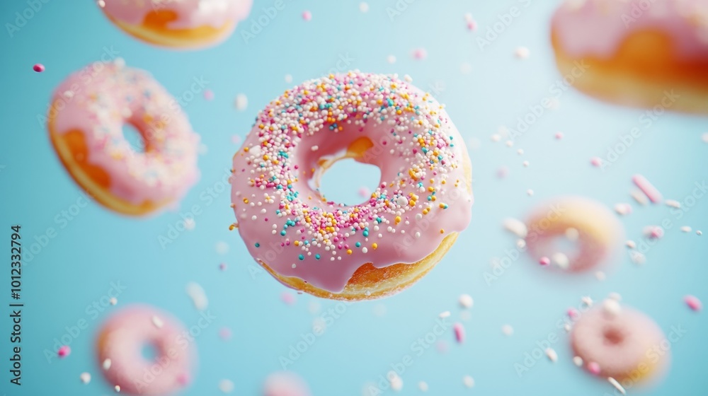 Multiple donuts with icing and decorative sprinkles flying generative ai Multiple donuts with icing and decorative sprinkles flying generative ai