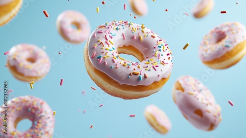 Multiple donuts with icing and decorative sprinkles flying generative ai