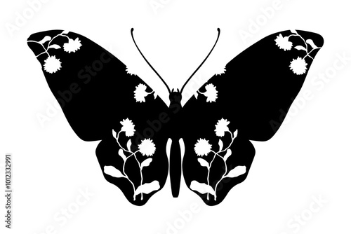 Decorative silhouette, stamp of a winged insect butterfly with botanical patterns on its wings. Vector graphics.