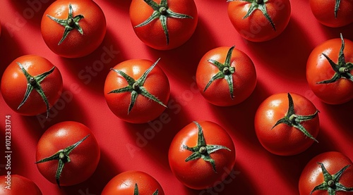 Red tomatoes on a red background top view