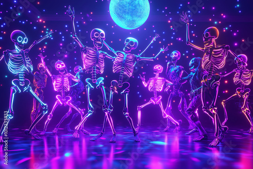 A group of skeletons are dancing in a neon light
