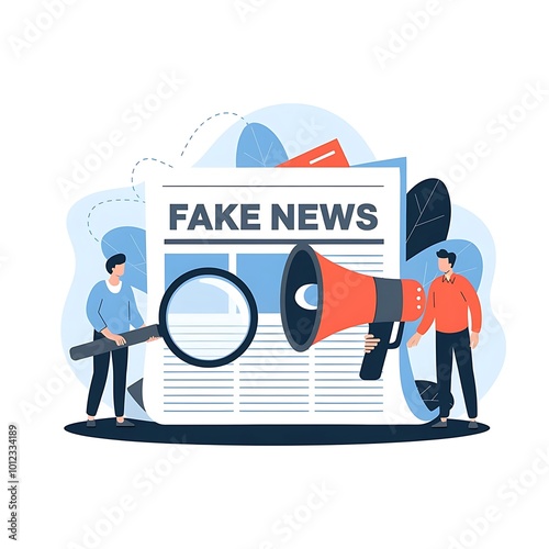 Fake News Detection Illustration with Magnifying Glass and Newspaper Analysis