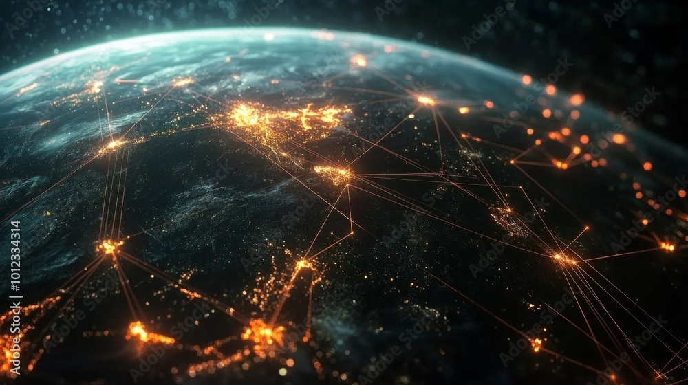 Night planet Earth, network light lines linking continents. International business and communication system. generative ai Night planet Earth, network light lines linking continents. International business and communication system. generative ai