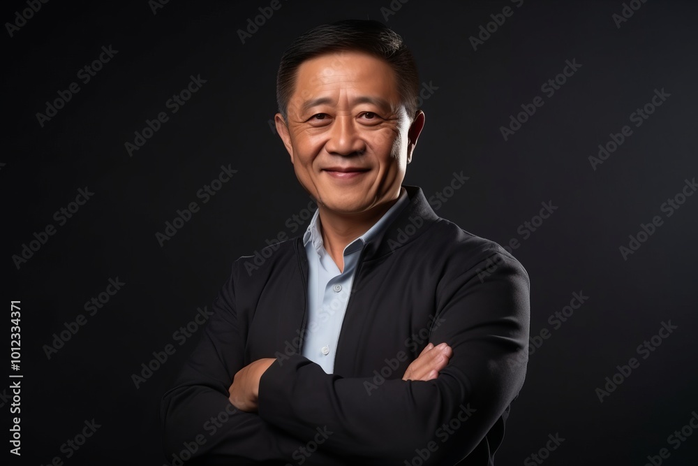 Portrait of a happy asian businessman with arms crossed on black background Portrait of a happy asian businessman with arms crossed on black background