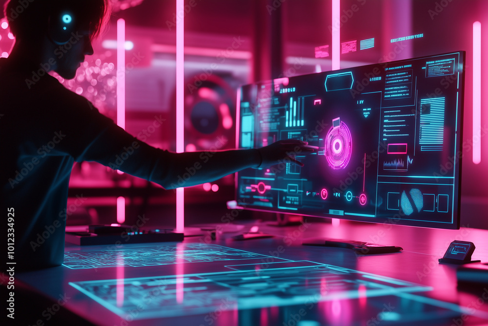 A woman is working on a computer monitor with a glowing screen