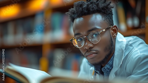 A young man wearing glasses and a white jacket reads a book in a library.