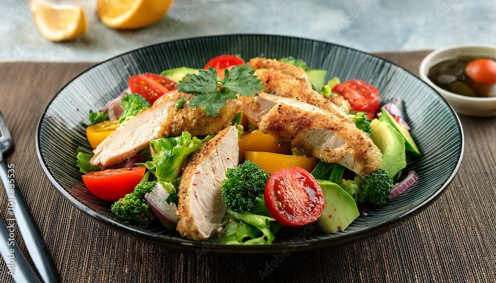 Diet menu. Healthy salad of fresh vegetables with chicken in a plate Diet menu. Healthy salad of fresh vegetables with chicken in a plate