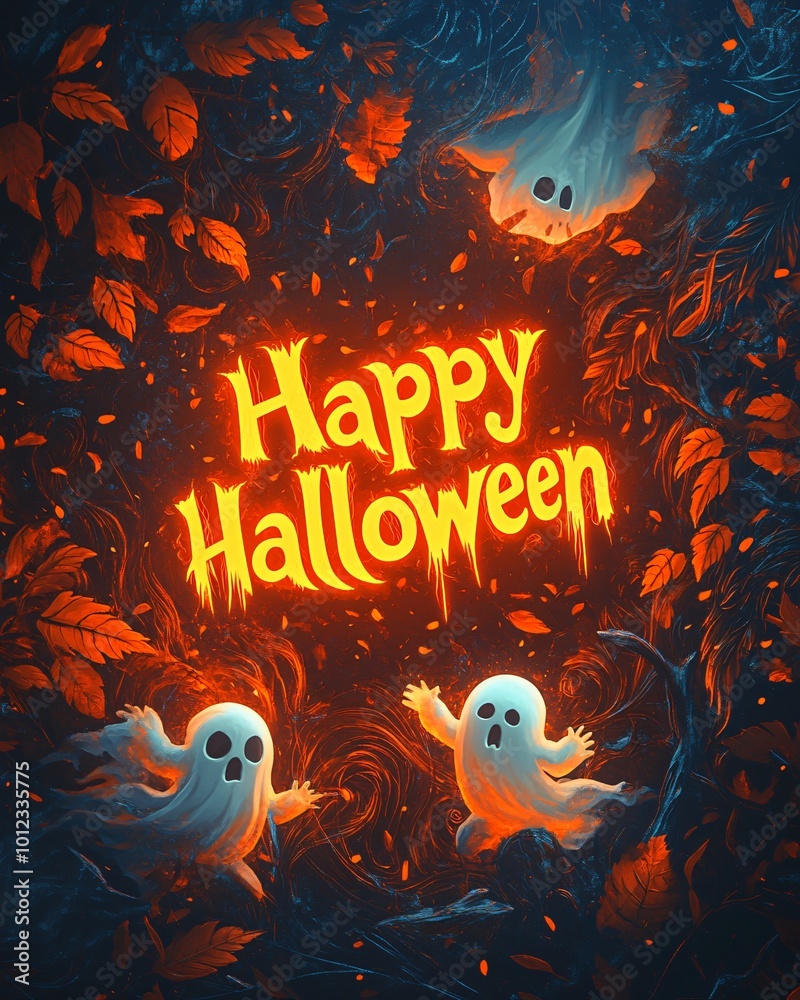 Text Happy Halloween with ghosts in forest Text Happy Halloween with ghosts in forest