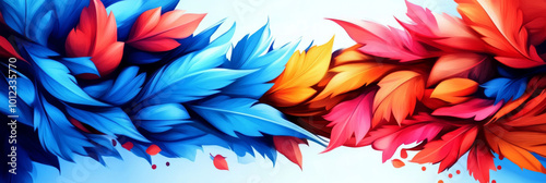 Abstract colorful floral design with blue, red, orange, and yellow leaves.