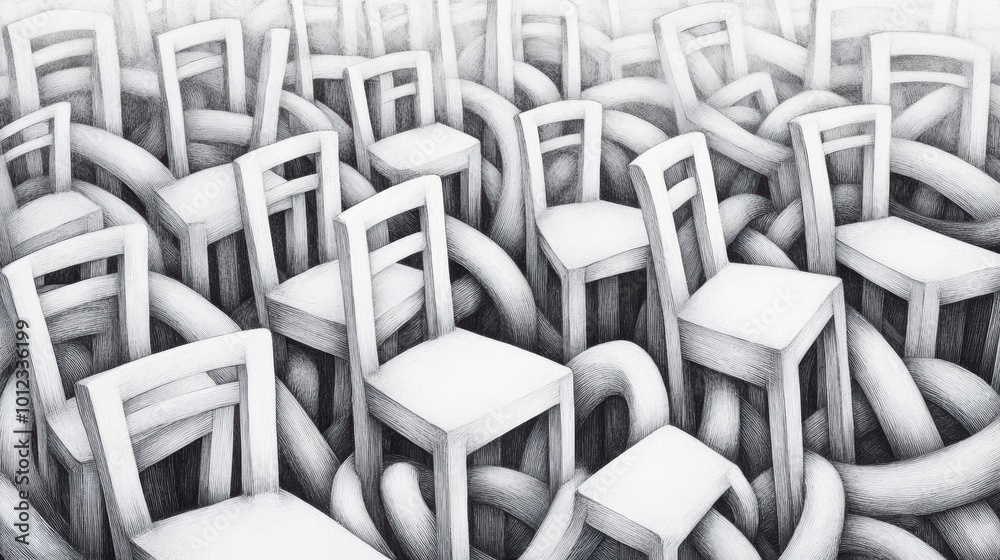 Fototapeta premium A drawing of a bunch of chairs surrounded by chains, AI