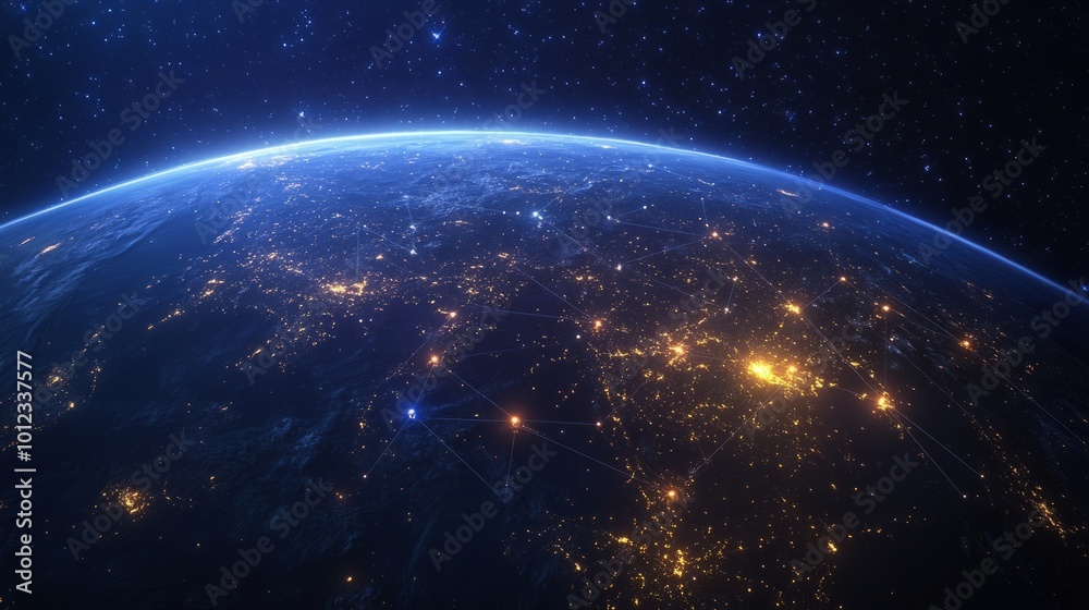 Night planet of Earth from space with glowing connection light lines across continents. Global communication system concept. generative ai Night planet of Earth from space with glowing connection light lines across continents. Global communication system concept. generative ai