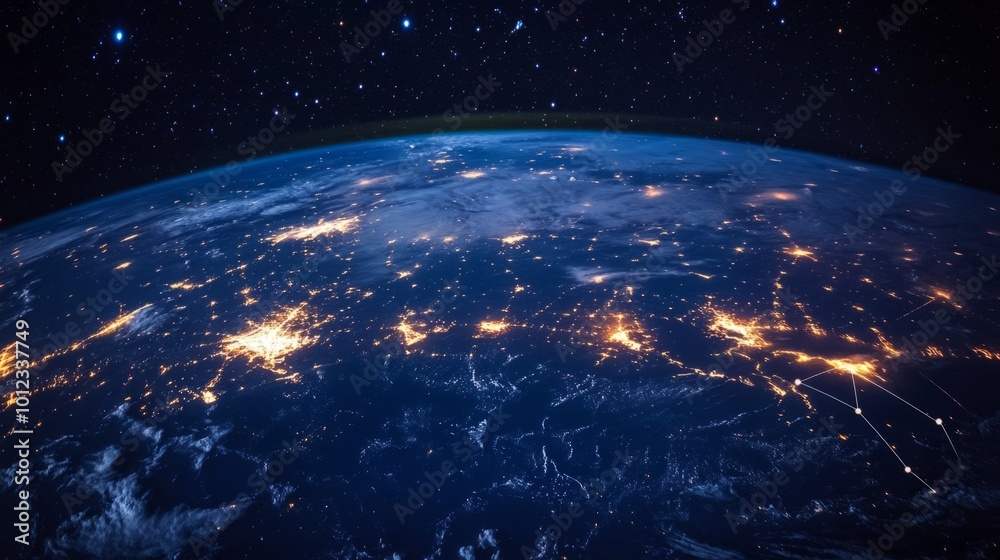 Night planet of Earth from space with glowing connection light lines across continents. Global communication system concept. generative ai