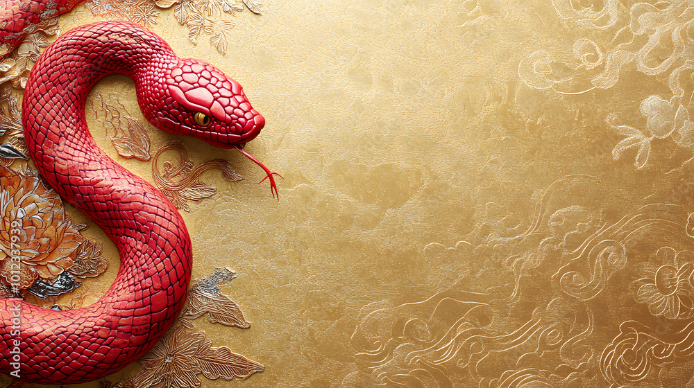 A vividly colored red snake lies coiled on a textured golden surface, surrounded by intricate floral patterns that enhance its beauty and allure. Chinese New Year Celebration A vividly colored red snake lies coiled on a textured golden surface, surrounded by intricate floral patterns that enhance its beauty and allure. Chinese New Year Celebration