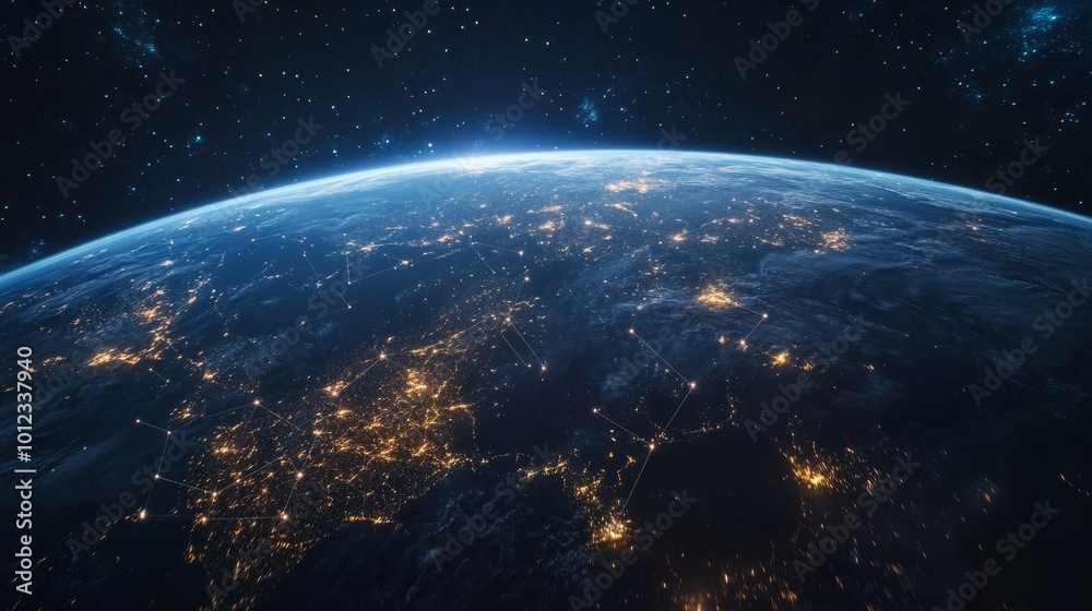 Fototapeta premium Night planet of Earth from space with glowing connection light lines across continents. Global communication system concept. generative ai