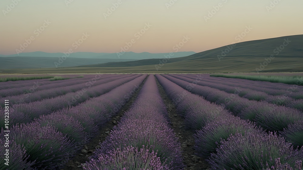 A soft, blurred lavender field at dusk with a clear sky for text A soft, blurred lavender field at dusk with a clear sky for text