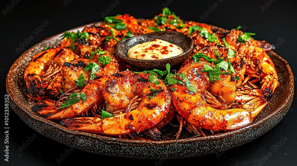 Grilled Prawns with Chili Flakes and Garlic Butter on Rustic Plate Vibrant Seafood Platter Grilled Prawns with Chili Flakes and Garlic Butter on Rustic Plate Vibrant Seafood Platter