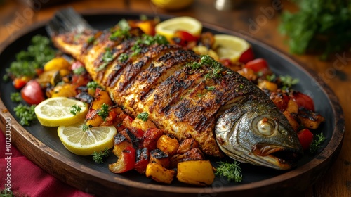 Samak Mashwi whole grilled fish with vegetables photo