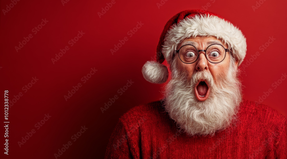Santa Claus with glasses and surprised face on red empty background. Santa Claus with glasses and surprised face on red empty background.