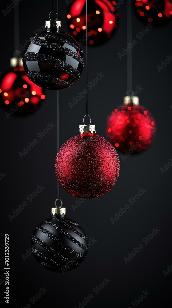 Modern Red and Black Christmas Baubles with Metallic Textures and Glowing Lights