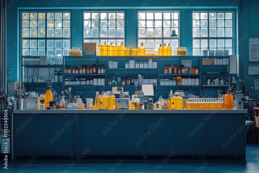 A well-equipped laboratory with a large counter and shelves filled with bottles and lab equipment. A well-equipped laboratory with a large counter and shelves filled with bottles and lab equipment.