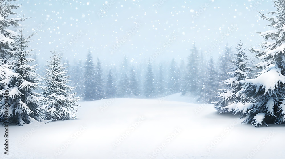 Fototapeta premium A soft, blurred snowy forest with a large, open space for text