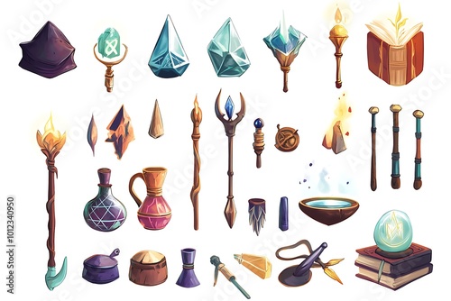 Cartoon Fantasy Magic Spell Items Set,  Wands, Potions, Crystals, and Grimoires photo