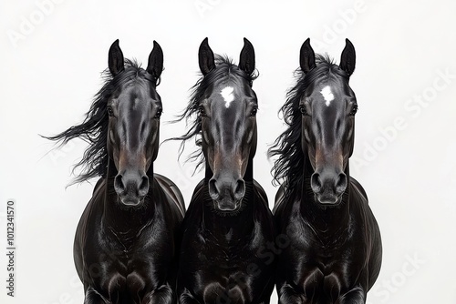 Painting on white background of black horses in Chinese ink.