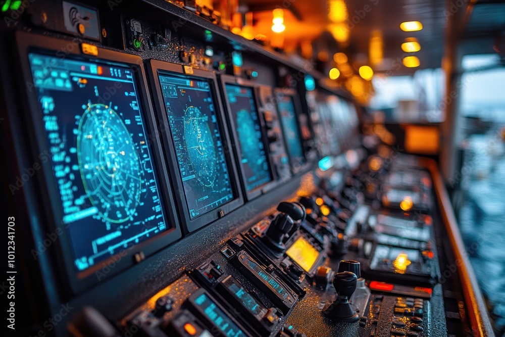 Closeup of a ship's bridge with digital radar screens and control panel. Closeup of a ship's bridge with digital radar screens and control panel.