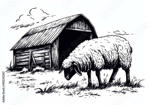 Rustic Black and White Sheep Grazing Illustration on Antique Textured Paper Vintage Farm Art photo