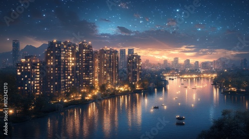 Wallpaper Mural Night cityscape with a river and stars reflecting on the water. Torontodigital.ca