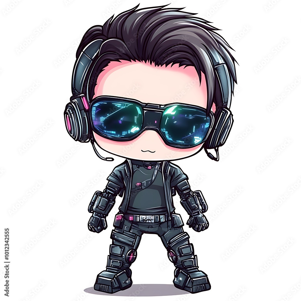 Cute chibi anime character gamer with headphones and sunglasses Cute chibi anime character gamer with headphones and sunglasses
