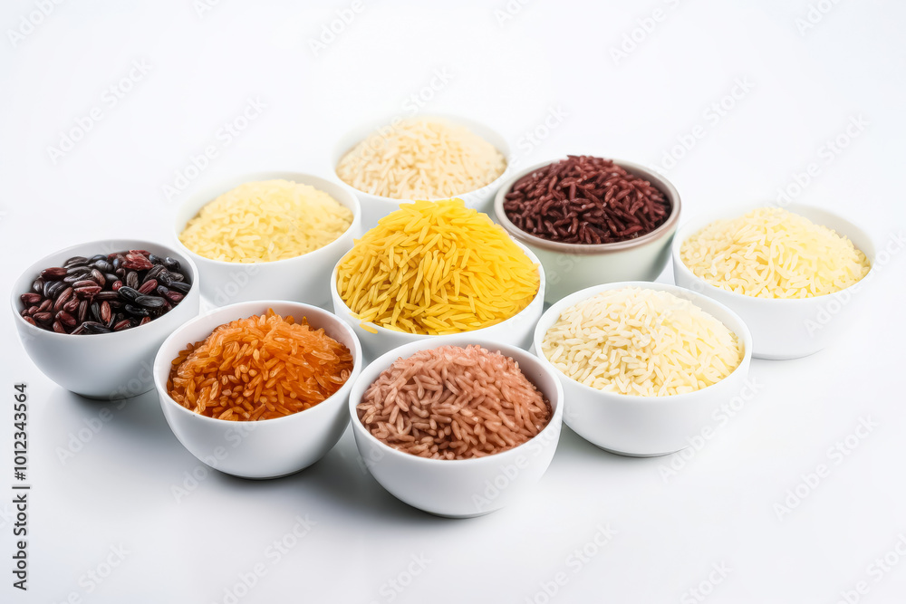 Assorted grains and rice in bowls arranged on a white background Assorted grains and rice in bowls arranged on a white background