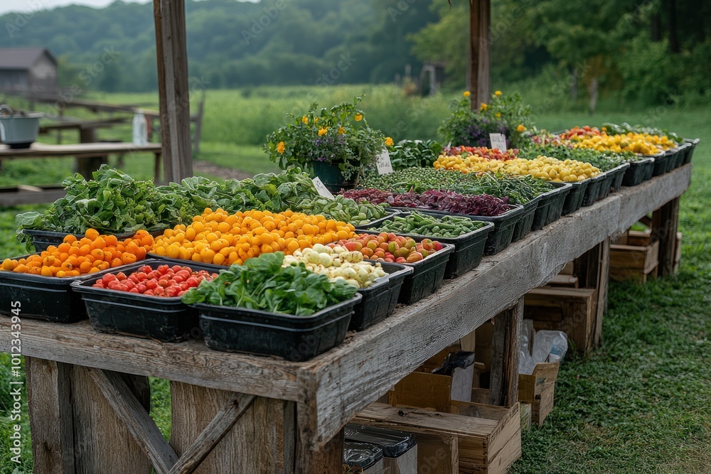 A wooden table overflowing with fresh produce at an outdoor market. A wooden table overflowing with fresh produce at an outdoor market.