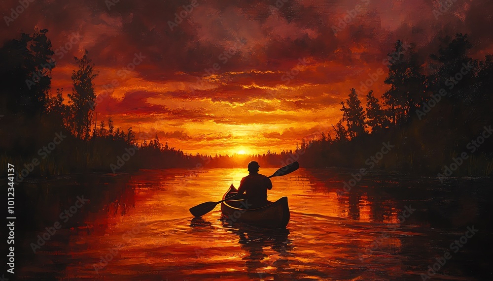 Wild river sunset scene with a silhouetted man canoeing, highlighting the calm and majestic qualities of the setting Wild river sunset scene with a silhouetted man canoeing, highlighting the calm and majestic qualities of the setting