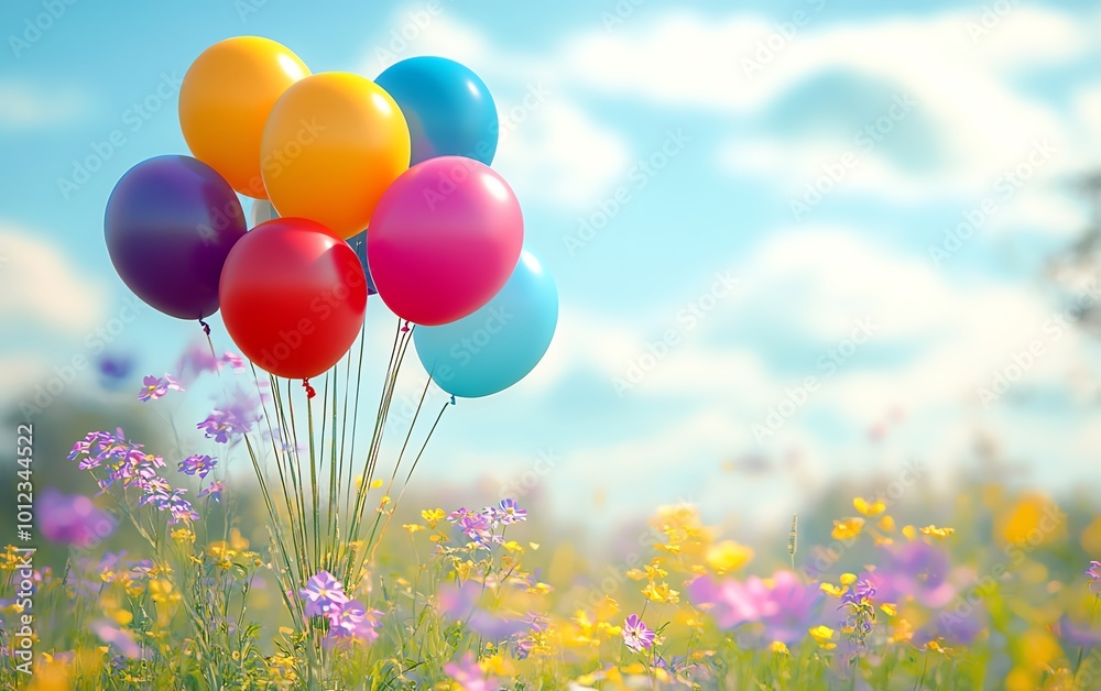 Bright and colorful balloons in a spring flower field, perfect for a spring party concept with plenty of copy space for customization Bright and colorful balloons in a spring flower field, perfect for a spring party concept with plenty of copy space for customization